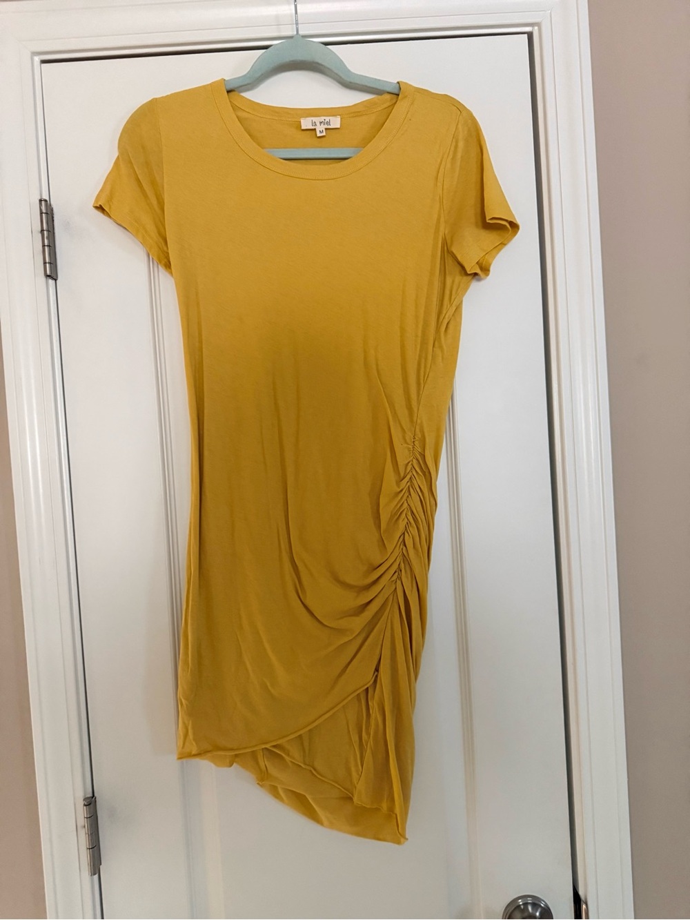 Leota Mustard Asymmetrical Short Sleeve Ruched Dress